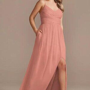 David’s Bridal - Sz 4 Long Mesh Bridesmaid Dress w/ Lace-Up Back in Desert Coral